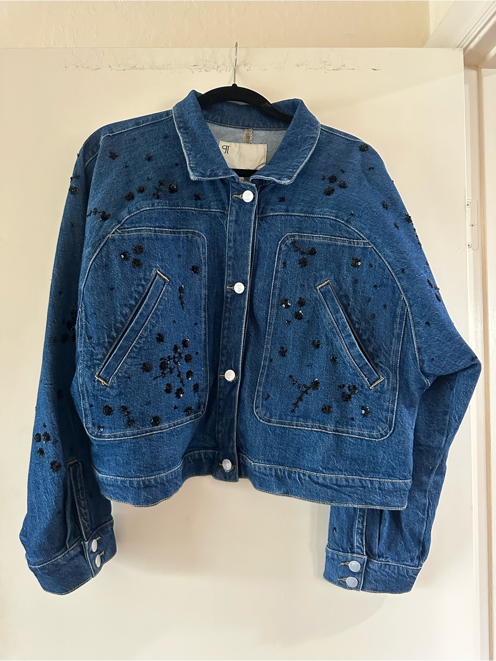 Pilcro Dark Blue Denim Jacket with Black Bead Embellishments